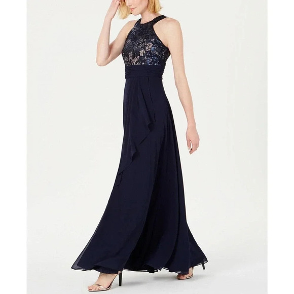 Calvin Klein Navy Blue High Neck Sleeveless Sequin Maxi Formal Gown Dress NWT - Picture 2 of 12